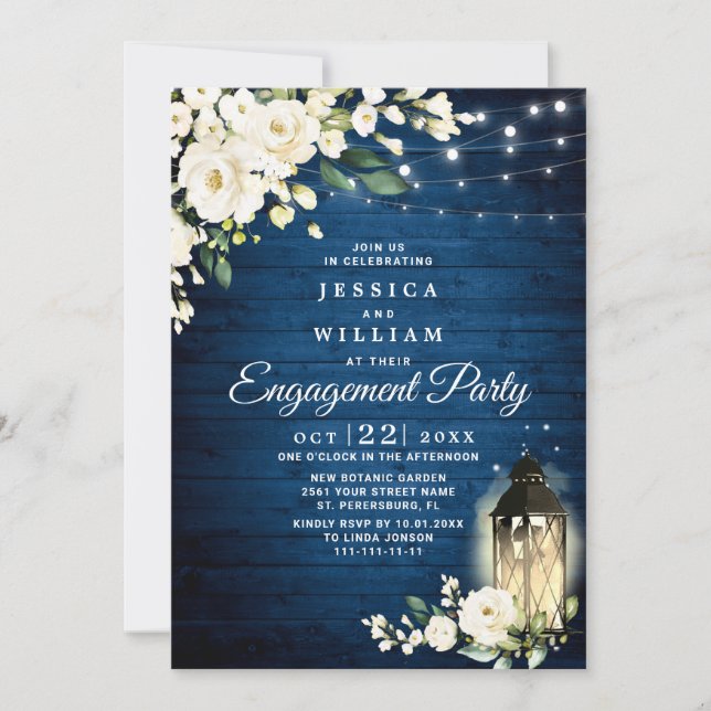 White Rose Blue Wood Rustic Engagement Party Einladung (Vorderseite)
