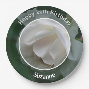 White Rose Blume Personalisiert Happy Birthday Pappteller