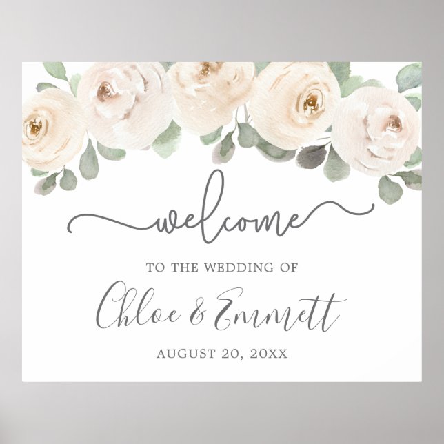 White Rose Botanical Wedding Welcome Sign Poster (Vorne)