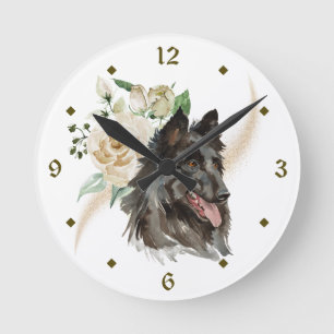 White Rose Bouquet Belgian Tervuren Dog Runde Wanduhr