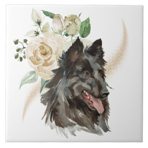 White Rose Bouquet Belgium Tervuren Dog Fliese