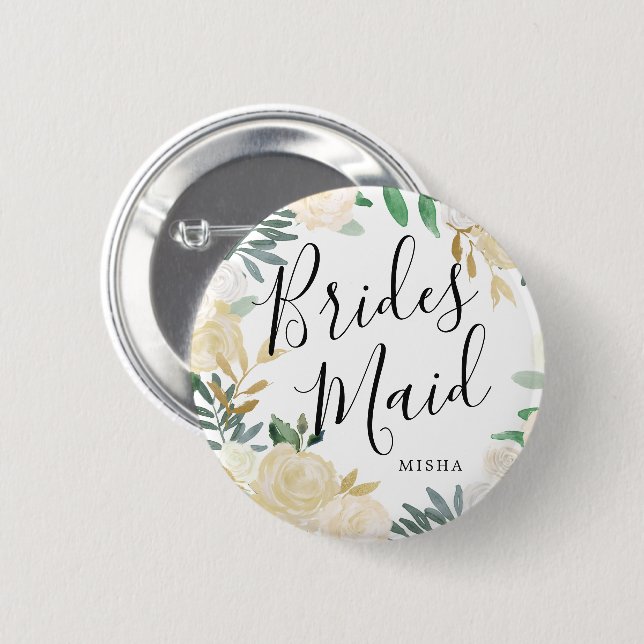 White Rose Bouquet Bouquet Individuelle Name Weddi Button (Vorne & Hinten)