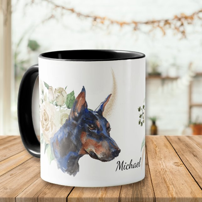 White Rose Bouquet Doberman Pinscher Dog Tasse (Von Creator hochgeladen)