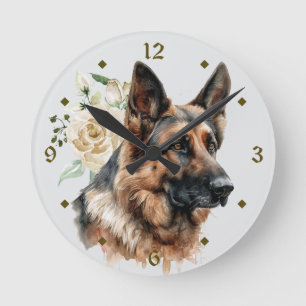 White Rose Bouquet German Shepherd Dog Runde Wanduhr