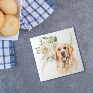 White Rose Bouquet Golden Retriever Dog Fliese