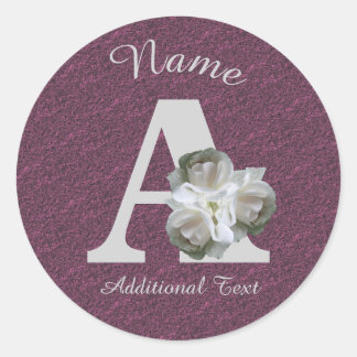 White Rose Bouquet Monogram A Personalized Runder Aufkleber