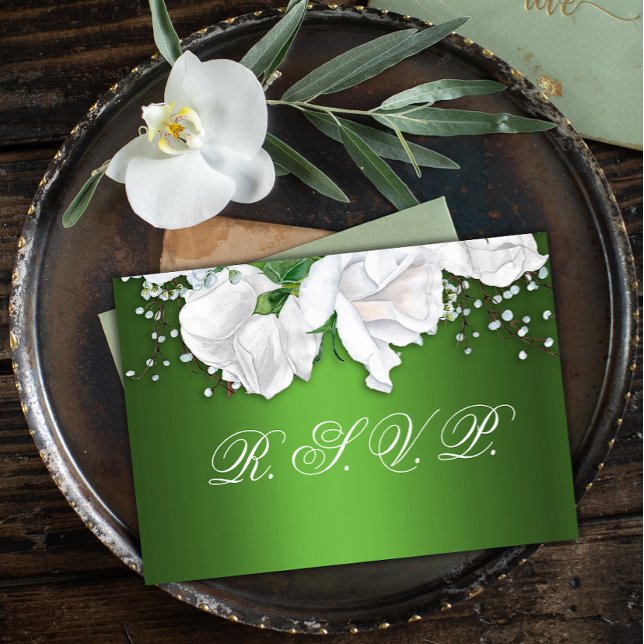 White Rose Bouquet und Metallic Green Wedding RSVP (Von Creator hochgeladen)