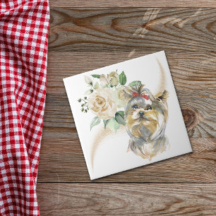 White Rose Bouquet Yorkshire Terrier Dog Fliese