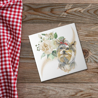 White Rose Bouquet Yorkshire Terrier Dog Fliese