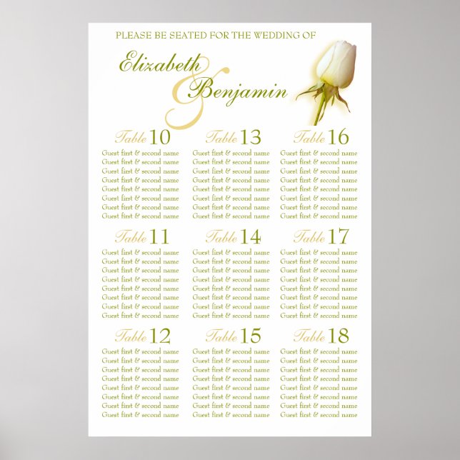 White Rose Bud Wedding Table Planner 10-18 Poster (Vorne)