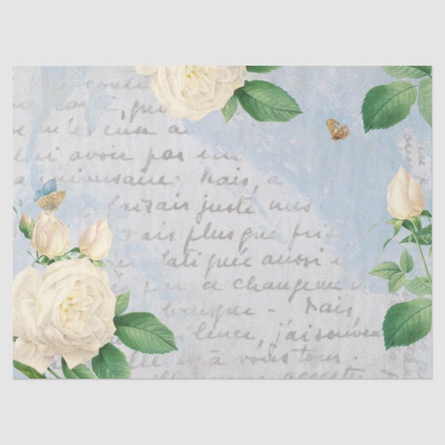 White Rose Butterfly Französisch Script Blue Decou Seidenpapier (Vorderseite)