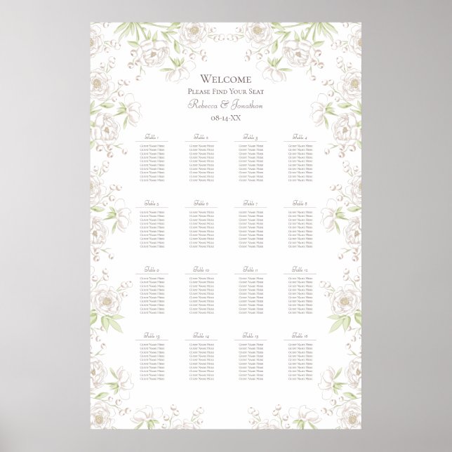 White Rose Classic Wedding Seating Chart Poster (Vorne)