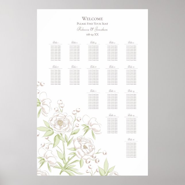 White Rose Classic Wedding Seating Chart Poster (Vorne)