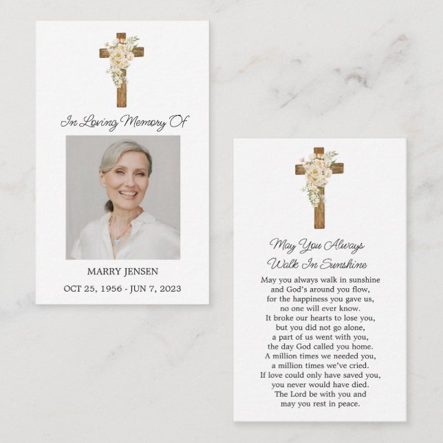 White rose Cross Photo Funeral Prayer Card Visitenkarte (Vorne/Hinten)