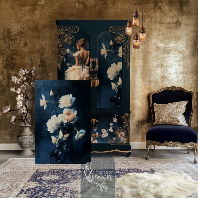 White Rose & Daffodil Bouquet Navy Hintergrund Seidenpapier (Painted White Daffodil and Rose Romantic Floral Bouquet, Weathered Navy Background Tissue Paper)