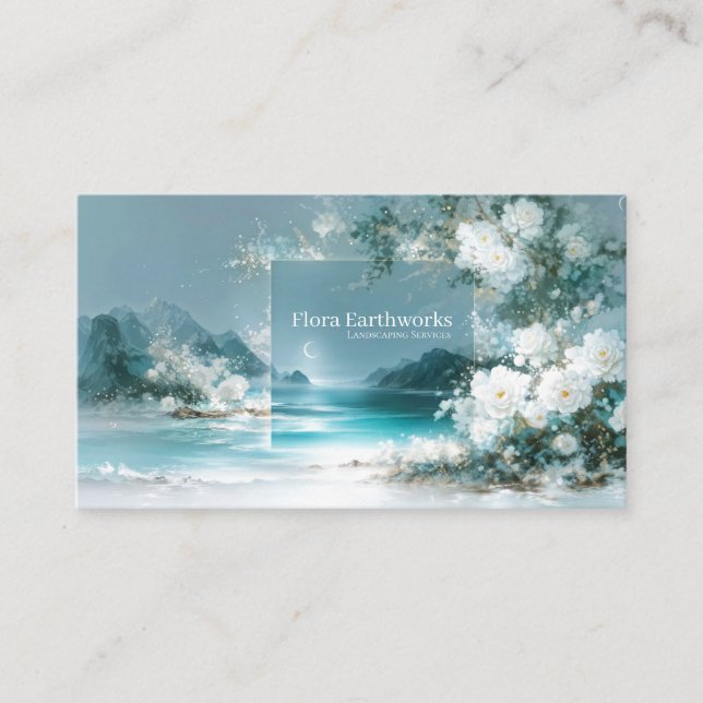 White Rose Floral and Turquoise Coastal Moon Frame Visitenkarte (Vorderseite)