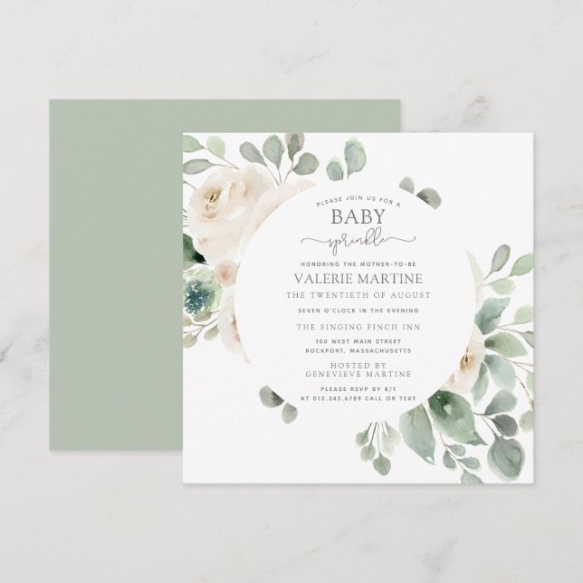 White Rose Floral Baby Sprinkle Einladung (Vorne/Hinten)