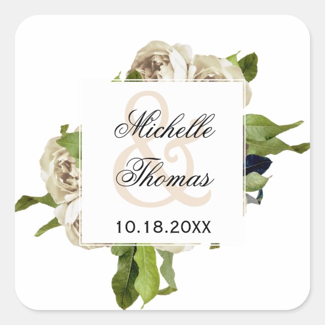 White Rose Floral Bouquet Wedding Quadratischer Aufkleber (Vorderseite)