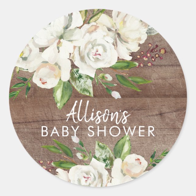 White Rose Floral Girls Babydusche Umschlag Aufkle Runder Aufkleber (Vorderseite)