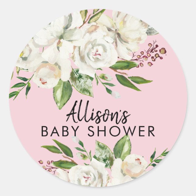 White Rose Floral Girls Babydusche Umschlag Aufkle Runder Aufkleber (Vorderseite)