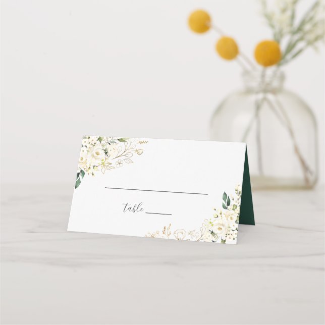 White Rose Floral Gold Blätter Hochzeitstisch Platzkarte (Vorderseite)