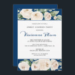 White Rose Floral on Navy Blue 16 . Geburtstag Par Einladung<br><div class="desc">Elegante und schöne weiße Rosen sind in schlängelgrünen Blätter eingebettet. Der marineblau-blaue Hintergrund rahmen sie zur Perfektion. Der Name des Geburtstagsmädchens ist in einem klassischen Skript in demselben marineblau geschrieben. Der Rest des Textes ist ein traditioneller SerifenSchriftart. Die Kombination aus Marine und Weiß macht es zu einer perfekten Hochzeitseinladung für...</div>