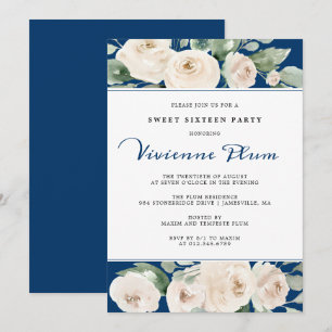 White Rose Floral on Navy Blue 16 . Geburtstag Par Einladung