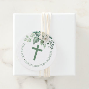 White Rose Flowers Eucalyptus Baptism Thank You Geschenkanhänger