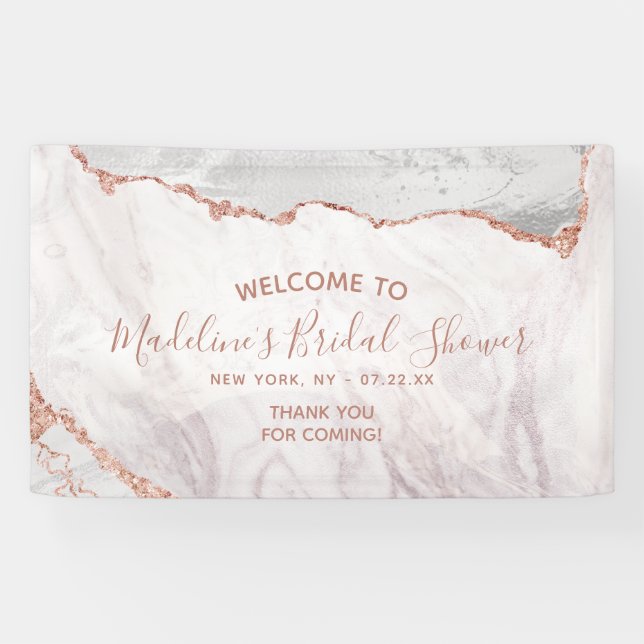 White & Rose Gold Agate Gilt Brautparty Willkommen Banner (Horizontal)