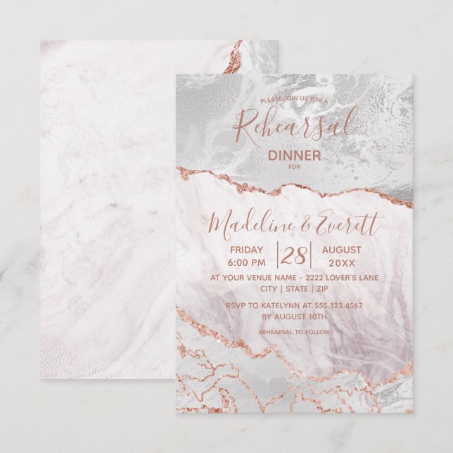 White & Rose Gold Agate Hochzeit Probe Dinner Einladung (Vorne/Hinten)
