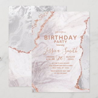 White & Rose Gold Agate Marble Foil Geburtstagspar Einladung