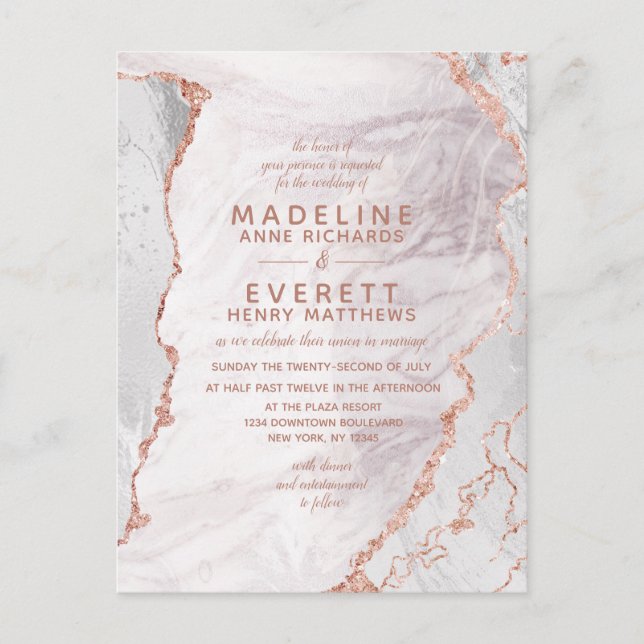 White & Rose Gold Agate Marble Foil Moderne Hochze Einladungspostkarte (Vorderseite)