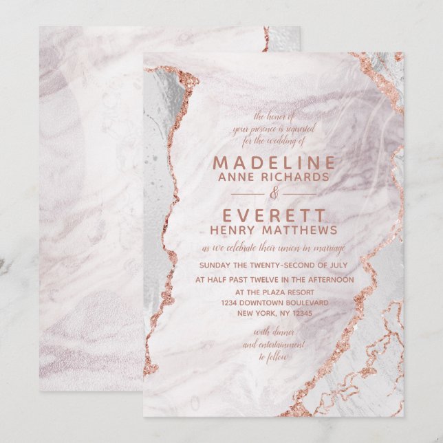 White & Rose Gold Agate Marble Foil Trendy Wedding Einladung (Vorne/Hinten)