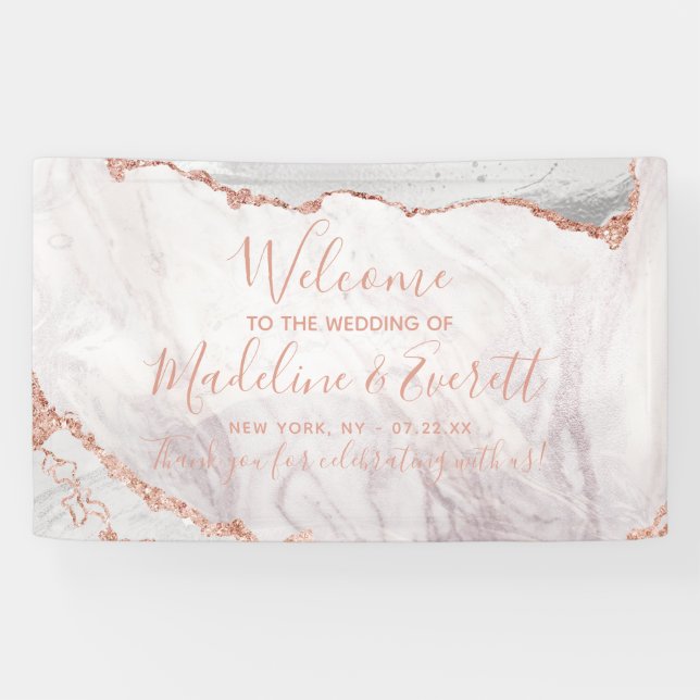 White & Rose Gold Agate Marmor Hochzeit Willkommen Banner (Horizontal)