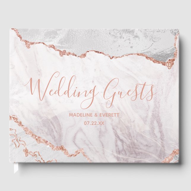 White & Rose Gold Agate Marmorfoil Gilded Wedding Gästebuch (Vorderseite)