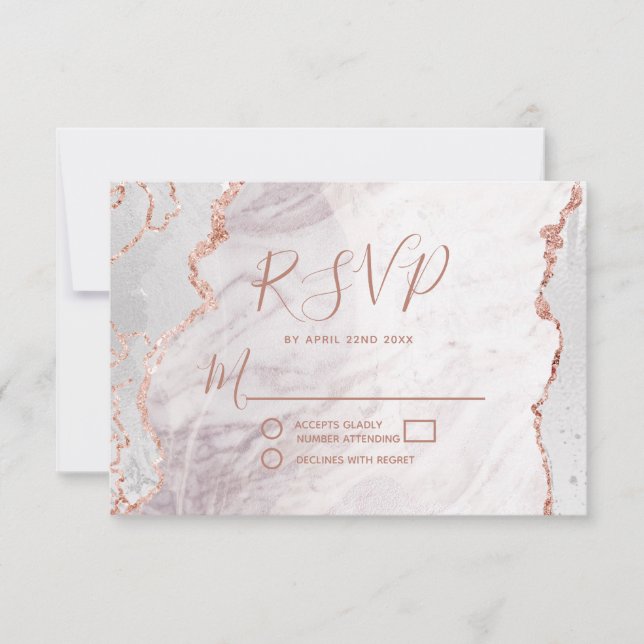 White & Rose Gold Agate Wedding Réponse RSVP (Devant)