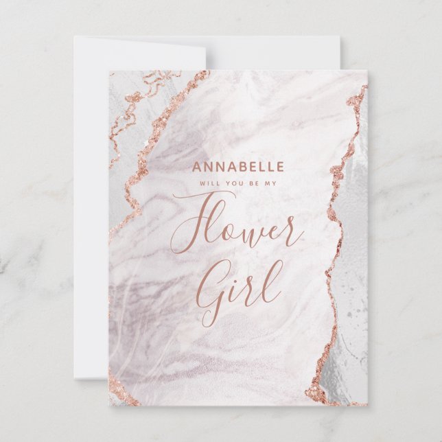 White & Rose Gold Agate werden Sie mein Blumenmädc Einladung (Vorderseite)