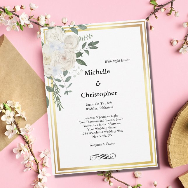 White Rose Gold Border Floral Elegante Hochzeit Einladung (Von Creator hochgeladen)