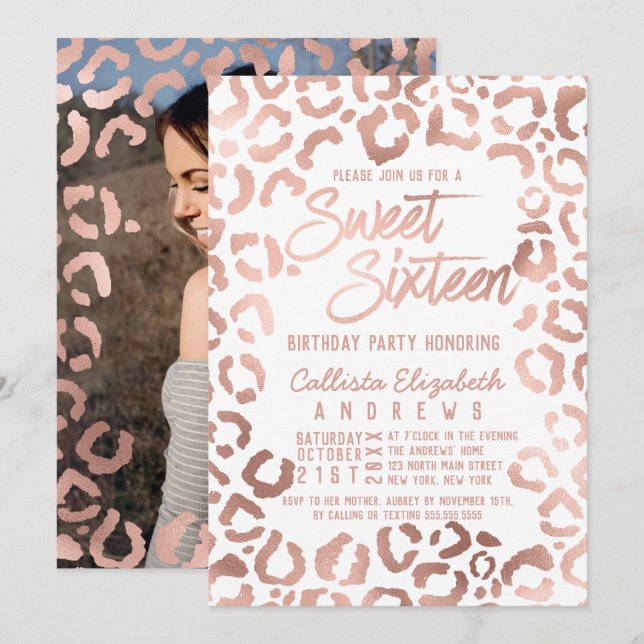 White Rose Gold Cheetah Leopard Sweet 16 Foto Einladung (Vorne/Hinten)
