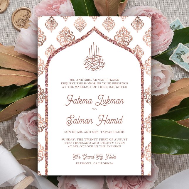 White Rose Gold Damask Arch Moslemhochzeit Einladung (Von Creator hochgeladen)