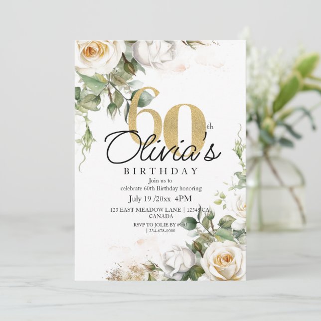 White Rose  & Gold  Dusty Elegant 60th Birthday Einladung (Stehend Vorderseite)