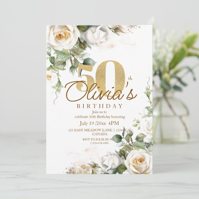 White Rose Gold Elegant Floral 50th Birthday Einladung (Stehend Vorderseite)