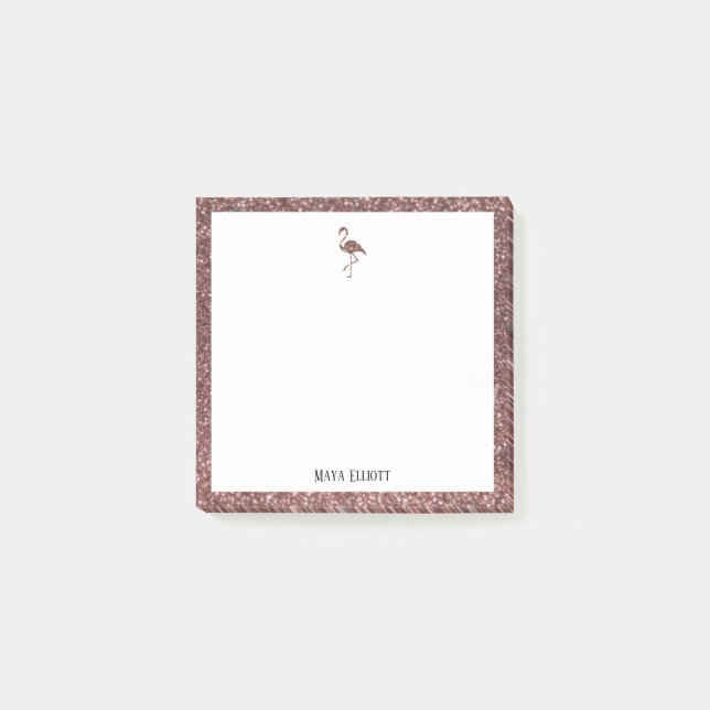 White + Rose Gold Glitzer Flamingo & Border, Name Post-it Klebezettel (Vorderseite)