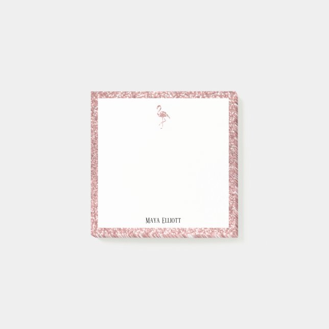 White + Rose Gold Glitzer Flamingo & Border, Name Post-it Klebezettel (Vorderseite)