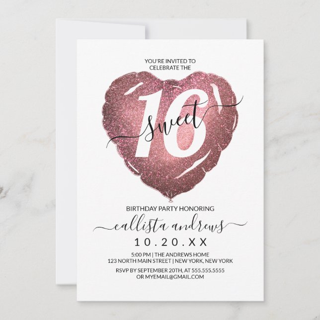 White Rose Gold Glitzer Herzballon Sweet 16 Einladung (Vorderseite)