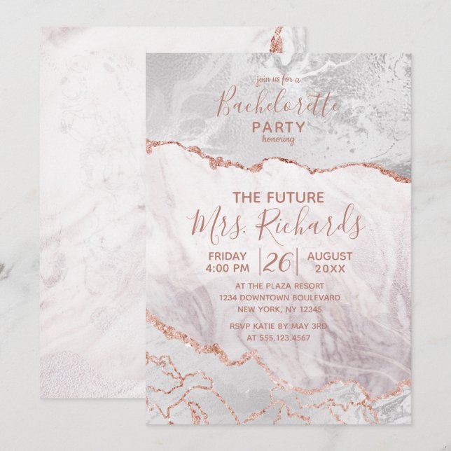 White & Rose Gold Junggeselinnen-Abschied Einladun Einladung (Vorne/Hinten)
