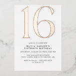 White & Rose Gold | Modern Minimal 16th Birthday Folieneinladung<br><div class="desc">Modern style 16th birthday invitations with a large heading "16" in real metallic foil. Rose gold foil on a white background. (Background colors can be changed by using the design tool. You can also change the type of metallic foil.)</div>