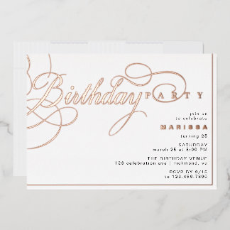 White & Rose Gold Moderne Glam Kalligraphie Geburt Folieneinladung