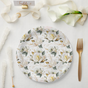 White Rose Gold Romantic Floral Wedding Pappteller