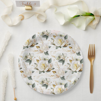 White Rose Gold Romantic Floral Wedding Pappteller